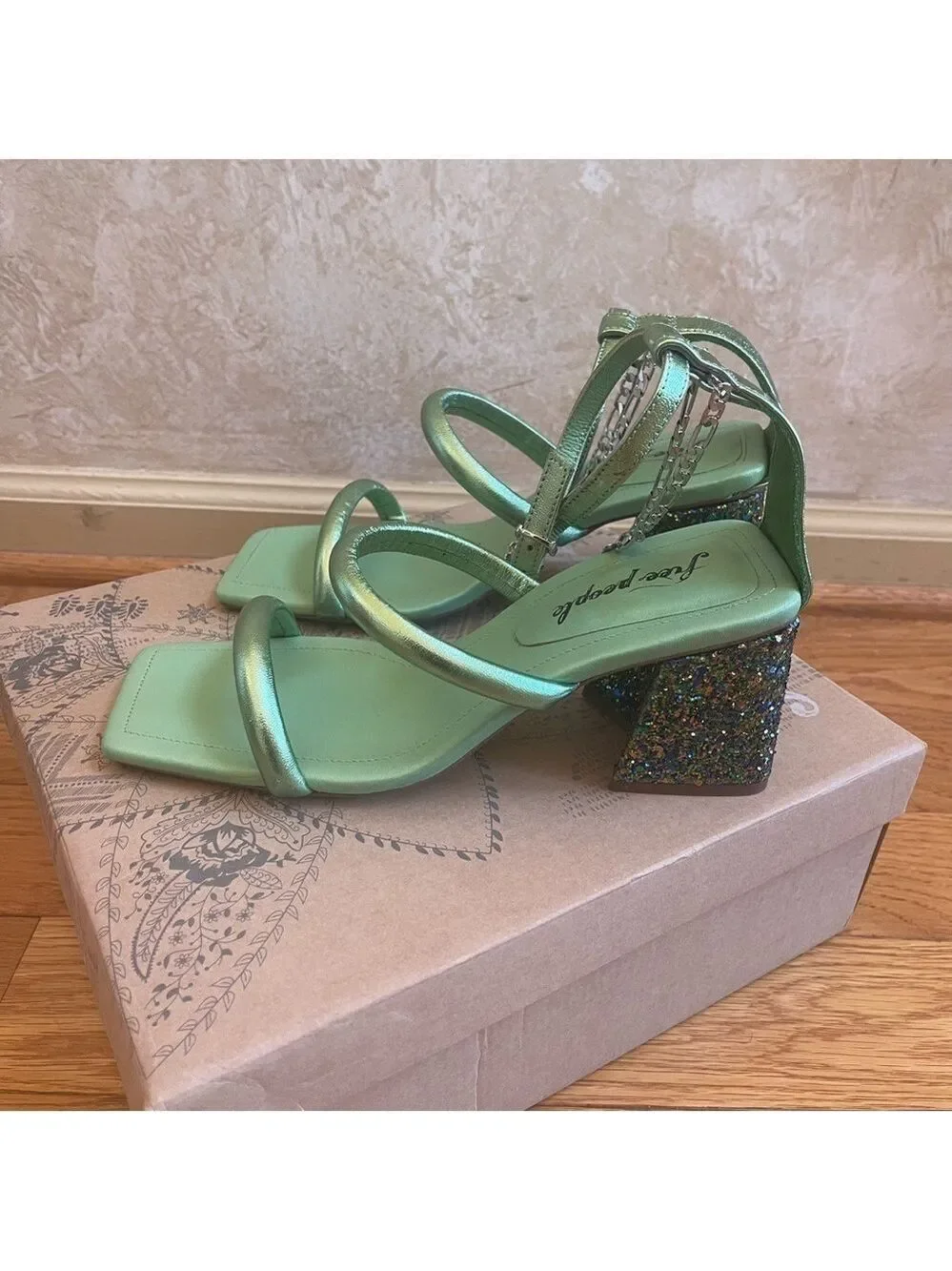 Free People Parker Silver Chain Heels Green Lime Metallic Sz 39